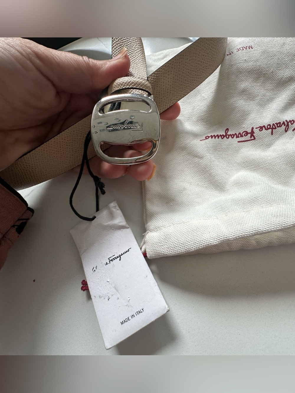 Salvatore Ferragamo Beige Tan Leather Belt with Signature Buckle silver size 40